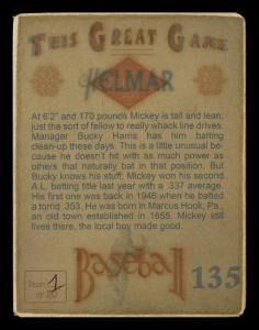 Picture, Helmar Brewing, Helmar This Great Game Card # 135, Mickey Vernon, Smiling, cap askew, Washington Senators