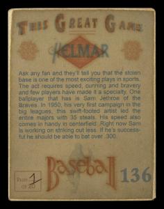 Picture, Helmar Brewing, Helmar This Great Game Card # 136, Sam Jethroe, Leaning on bat, hand at waiste, Boston Braves