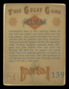 Picture, Helmar Brewing, Helmar This Great Game Card # 139, Stan Lopata, Crouched posed stance, Philadelphia Phillies