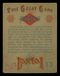 Picture, Helmar Brewing, Helmar This Great Game Card # 13, Al KALINE (HOF), Batting follow through, Detroit Tigers