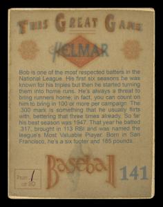 Picture, Helmar Brewing, Helmar This Great Game Card # 141, Bob Elliott, Bat on shoulder, Boston Braves