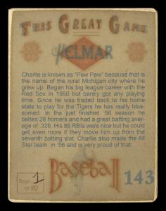 Picture, Helmar Brewing, Helmar This Great Game Card # 143, Charlie Maxwell, Arms folded, arm on knee, Detroit Tigers