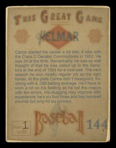 Picture, Helmar Brewing, Helmar This Great Game Card # 144, Carlos Paula, Examining hands on bat, Washington Senators