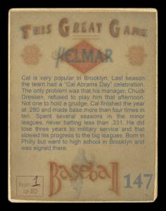 Picture, Helmar Brewing, Helmar This Great Game Card # 147, Cal Abrams, Red sky background, Brooklyn Dodgers