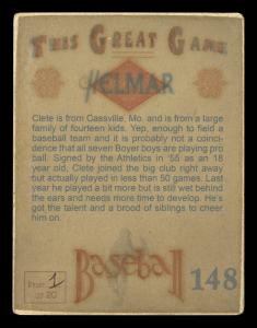 Picture, Helmar Brewing, Helmar This Great Game Card # 148, Clete Boyer, Mitt, hand at belt, Kansas City Athletics