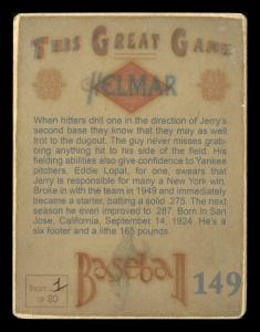 Picture, Helmar Brewing, Helmar This Great Game Card # 149, Jerry Coleman, Leaning in, intense close-up, New York Yankees