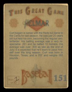 Picture, Helmar Brewing, Helmar This Great Game Card # 151, Curt Flood, Knees up, end swing, St. Louis Cardinals