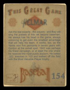 Picture, Helmar Brewing, Helmar This Great Game Card # 154, Joe Gordon, Sleeve patch; hand on bat end, New York Yankees