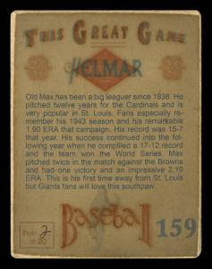 Picture, Helmar Brewing, Helmar This Great Game Card # 159, Max Lanier, Close up looking away, orange sky, New York Giants