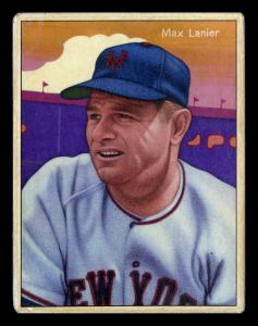 Picture, Helmar Brewing, Helmar This Great Game Card # 159, Max Lanier, Close up looking away, orange sky, New York Giants