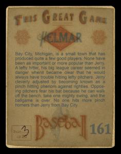 Picture, Helmar Brewing, Helmar This Great Game Card # 161, Jerry Lynch, Bat behind head, blue sky, Cincinnati Reds