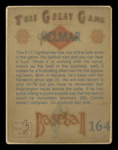 Picture, Helmar Brewing, Helmar This Great Game Card # 164, Camilo Pascual, Leaning forward, pinkish sky, Washington Senators