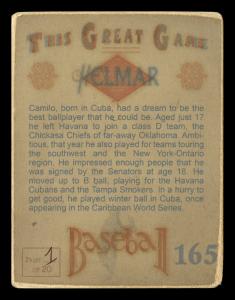 Picture, Helmar Brewing, Helmar This Great Game Card # 165, Camilo Pascual, Rubbing ball, white flag, Washington Senators