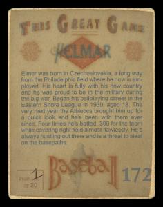 Picture, Helmar Brewing, Helmar This Great Game Card # 172, Elmer Valo, Chest up, yellow flagpole, Philadelphia Athletics