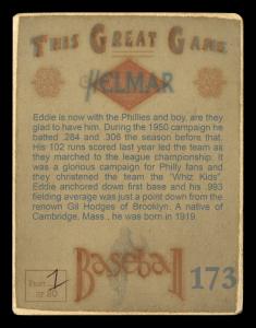 Picture, Helmar Brewing, Helmar This Great Game Card # 173, Eddie Waitkus, Close up; red cloud, Chicago Cubs
