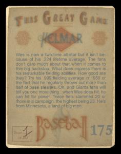 Picture, Helmar Brewing, Helmar This Great Game Card # 175, Wes Westrum, Chest protector; hand behind back, New York Giants
