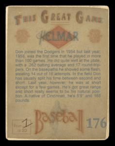 Picture, Helmar Brewing, Helmar This Great Game Card # 176, Don Zimmer, Fielding, yellow foul pole, Brooklyn Dodgers