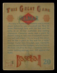 Picture, Helmar Brewing, Helmar This Great Game Card # 20, Roberto CLEMENTE, Chest up, looking left , Pittsburgh Pirates