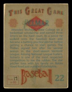 Picture, Helmar Brewing, Helmar This Great Game Card # 22, Robin ROBERTS (HOF), Full figure pitching, Philadelphia Phillies
