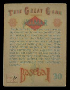 Picture, Helmar Brewing, Helmar This Great Game Card # 30, Ralph KINER (HOF), Multiple bats, Chicago Cubs