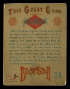 Picture, Helmar Brewing, Helmar This Great Game Card # 31, Hank AARON (HOF), Fingering bat, Milwaukee Braves