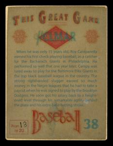 Picture, Helmar Brewing, Helmar This Great Game Card # 38, Roy CAMPANELLA (HOF), Dugout, Brooklyn Dodgers