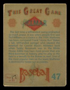 Picture, Helmar Brewing, Helmar This Great Game Card # 47, Eddie MATHEWS, palm on end of bat, Milwaukee Braves
