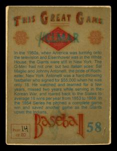 Picture, Helmar Brewing, Helmar This Great Game Card # 58, Antonelli, Johnny, Glove up, building in back, New York Giants