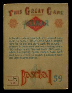 Picture, Helmar Brewing, Helmar This Great Game Card # 59, Avila, Bobby, Leaning on bat, chest up, Cleveland Indians