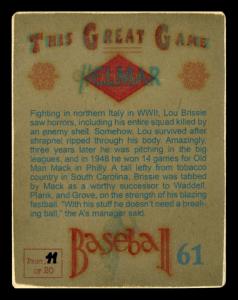 Picture, Helmar Brewing, Helmar This Great Game Card # 61, Brissie, Lou, Chest up, Smiling, elbow, Philadelphia Athletics