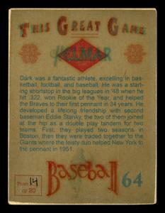 Picture, Helmar Brewing, Helmar This Great Game Card # 64, Dark, Al, Big smile, bat on shoulder, New York Giants
