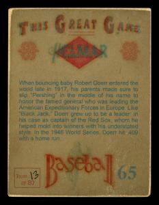 Picture, Helmar Brewing, Helmar This Great Game Card # 65, Bobby DOERR, Full figure batting, building, Boston Red Sox