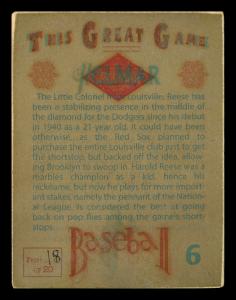 Picture, Helmar Brewing, Helmar This Great Game Card # 6, Pee Wee REESE (HOF), Full figure, two bats, Brooklyn Dodgers