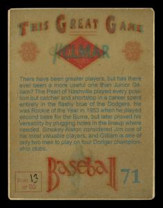 Picture, Helmar Brewing, Helmar This Great Game Card # 71, Gilliam, Jim, Leaning on bat, Brooklyn Dodgers