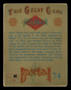 Picture, Helmar Brewing, Helmar This Great Game Card # 74, Monte IRVIN, Hand up, New York Giants