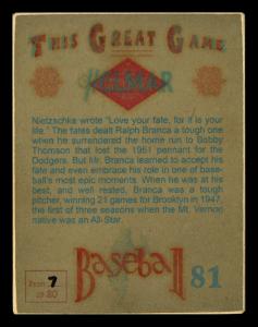 Picture, Helmar Brewing, Helmar This Great Game Card # 81, Branca, Ralph, Full figure follow through, Brooklyn Dodgers