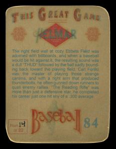 Picture, Helmar Brewing, Helmar This Great Game Card # 84, Furillo, Carl, Batting stance at camera, Brooklyn Dodgers