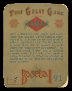 Picture, Helmar Brewing, Helmar This Great Game Card # 91, Vern Stephens, Portrait chest up, St. Louis Browns