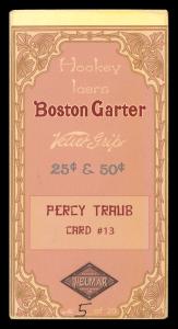 Picture, Helmar Brewing, Hockey Icers Card # 13, Percy Traub, Standing, hockey stick, luggage, Portland Rosebuds