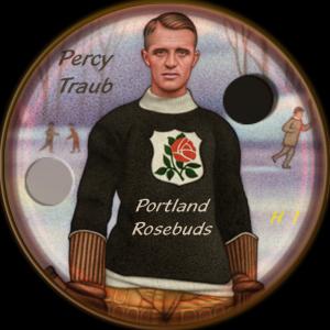 Picture, Helmar Brewing, Hockey Icers Card # 1, Percy Traub, Dexterity hand puzzle. Black uniform, rose logo, Portland Rosebuds