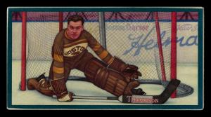 Picture, Helmar Brewing, Hockey Icers Card # 20, Tiny THOMPSON, Brown uniform, net behind, Boston Bruins