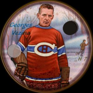Picture, Helmar Brewing, Hockey Icers Card # 7, Georges VEZINA, Dexterity hand puzzle, crewcut, red uniform with white 