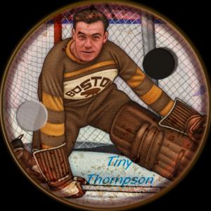 Picture, Helmar Brewing, Hockey Icers Card # 8, Tiny THOMPSON, Dexterity hand puzzle. Brown uniform, net behind, Boston Bruins