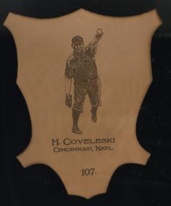 Picture of Helmar Brewing Baseball Card of Harry Coveleski, card number 107 from series L1 Helmar Leather Cabinet