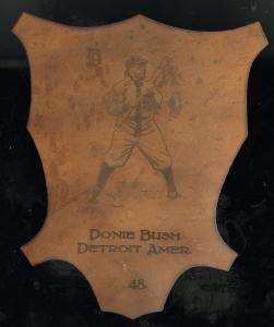 Picture of Helmar Brewing Baseball Card of Donie Bush, card number 48 from series L1 Helmar Leather Cabinet