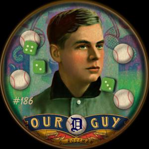 Picture, Helmar Brewing, Our Guy Card # 186, Claude Rossman, Dexterity hand puzzle. Shadowed portrait, two baseballs, Detroit Tigers