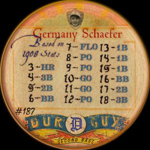 Picture, Helmar Brewing, Our Guy Card # 187, Germany Schaefer, Dexterity hand puzzle. Side view, grey uniform. Devils and eggs., Detroit Tigers
