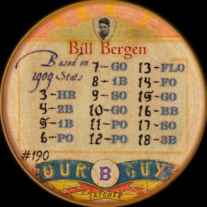 Picture, Helmar Brewing, Our Guy Card # 190, Bill Bergen, Dexterity hand puzzle. Reaching, with mitt. Blue/grey uniform, Brooklyn Superbas