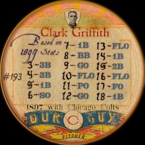Picture, Helmar Brewing, Our Guy Card # 193, Clark GRIFFITH (HOF), Dexterity hand puzzle. Side view, blue uniform with bat. Large bottle., Cincinnati Reds