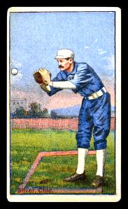 Picture, Helmar Brewing, Helmar Polar Night Card # 32, Silver Flint, Two gloves, leaning toward ball, Chicago White Stockings
